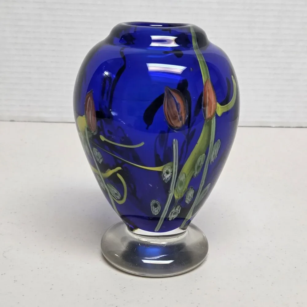 VTG Kusak Art Glass Paperweight Pedestal Vase Cobalt Blue with Cased Flowers 6” - Picture 1 of 11